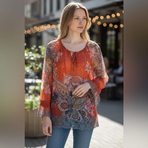 JOHNNY WAS Biya Red Paisley Mesh Blouse, Multicolor Floral, Sheer, S